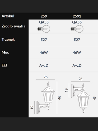 Lampa zewnętrzna, elewacyjna Norlys Rimini 259