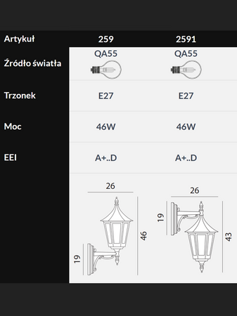 Lampa zewnętrzna, elewacyjna Norlys Rimini 259