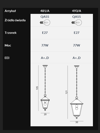 Lampa zewnętrzna, wisząca London 493A/B